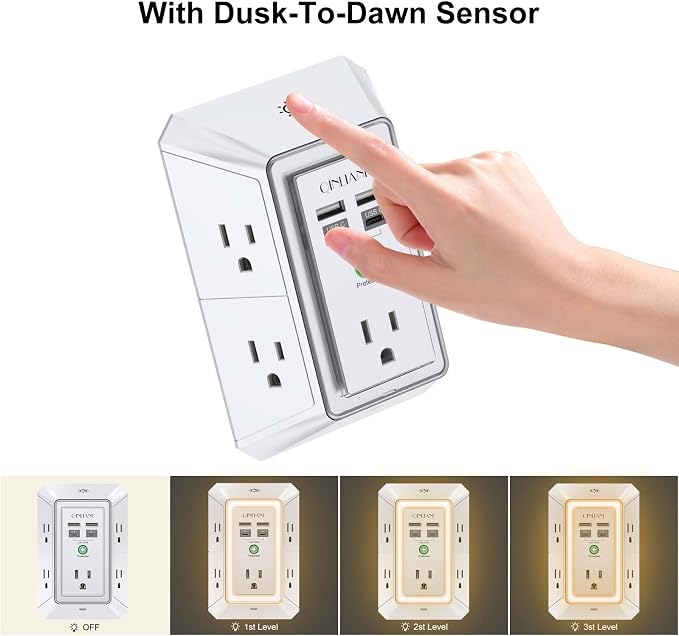 3-Sided Outlet Extender with Night Light - QINLIANF Multi Plug Outlet with 5 Outlets and 4 USB Ports(2 USB-C), USB Wall Charger for Home, Office, Travel, ETL Listed, White - Image 4