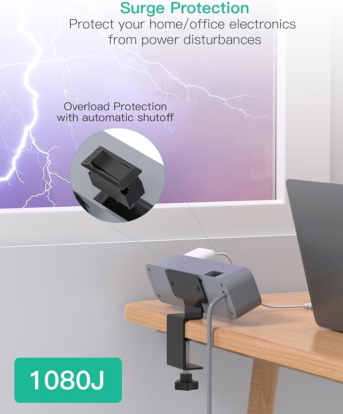 Mifaso PD30W Desk Clamp Power Strip, Surge Protector, Fast Charging Station | 4 Outlets, 4 USB (2 USBC), 5FT Extension Cord, Desk Organizer Gaming Accessories Home Office Essentials, Fits 1.96" Edge,Gray - Image 6