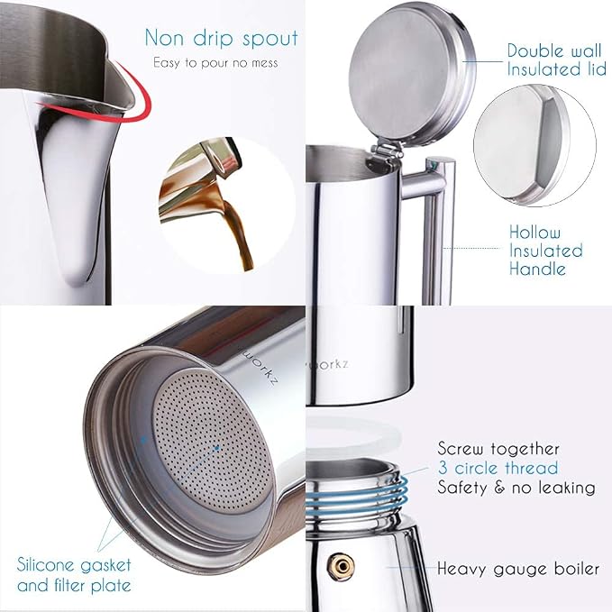 Easyworkz Diego Stovetop Espresso Maker Stainless Steel Italian Coffee Machine Maker 4Cup 6.8 oz Induction Moka Pot - Image 4