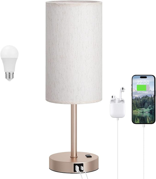 Dicoool 17.4" Bedside Lamp for Bedroom - Dimmable Touch, USB A+C, AC Outlet | LED Bulb Included, 3-Way Dimmable, 17.4" Table Lamp for Living Room, Dorm, Cream Fabric Lampshade, Antique White Metal Base by DicooolDirect