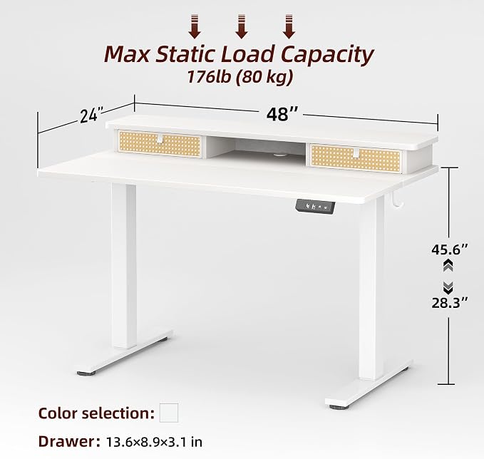 TIQLAB Standing Desk with Two Drawers, Stand Up Standing Desk Adjustable Height, Electric Sit Stand Table with Storage Shelf and Splice Board, 48 * 24 inch, White Wicker - Image 3