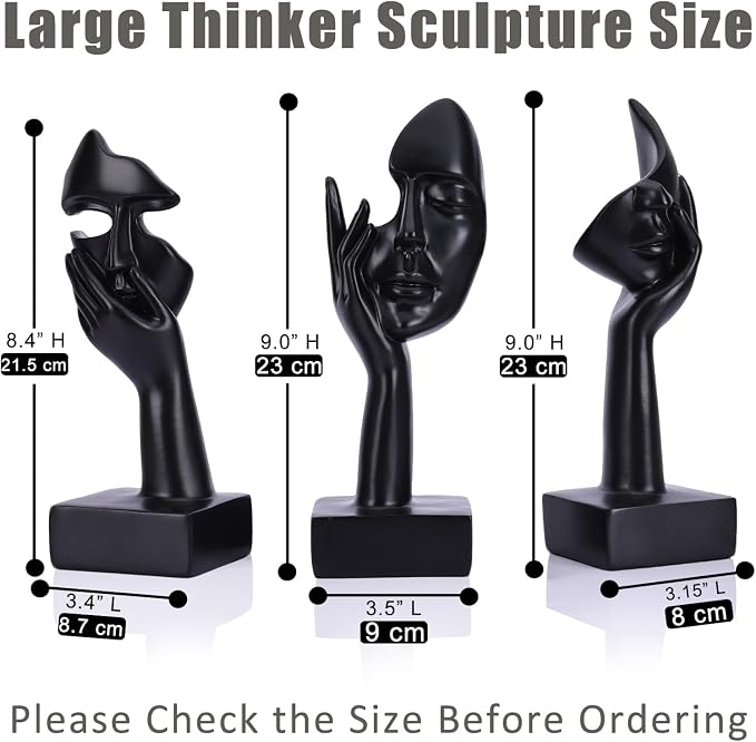 3 Pcs Thinker Large Statue Set - Black Art Abstract Home Accent Figurines for Living Room, Bedroom, Shelves, Office Desktop, Coffee Table Decor, Gift for Women (3 Pcs Black, 9") - Image 3