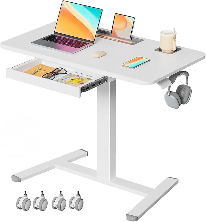Mobile Standing Desk with Drawer, 35"×20" Small Desk, White | Portable Laptop Workstation with Cup Holder and Hooks, Height Adjustable Rolling Desk with Wheels, Teacher Classroom Use by JYLHJOYSEEKER