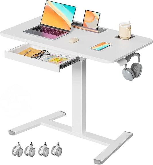 Mobile Standing Desk with Drawer, 35"×20" Small Desk, White | Portable Laptop Workstation with Cup Holder and Hooks, Height Adjustable Rolling Desk with Wheels, Teacher Classroom Use by JYLHJOYSEEKER
