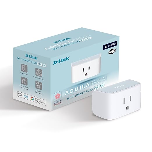 D-Link PM-01M Wi-Fi Smart Plug, Aquila PRO AI & Matter Supported, Compact Design, 15A/1800W Max, Energy Monitoring, Easy Bluetooth Setup, Works with Alexa & Google Home, Flame-Retardant, UL Certified by D-Link