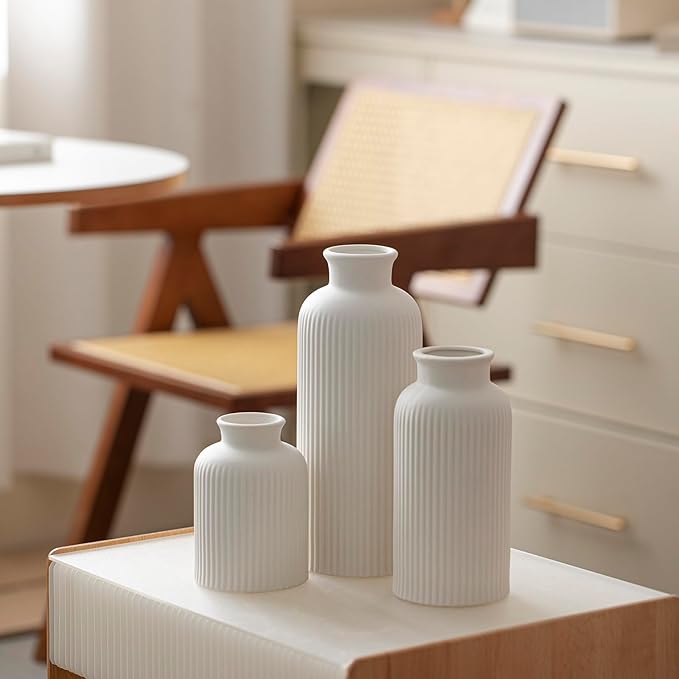 Large Modern Ceramic Vase Set, White Ribbed Matte Design, 3-Piece Decorative Vases for Home, Living Room, Office (XL White) - Image 6