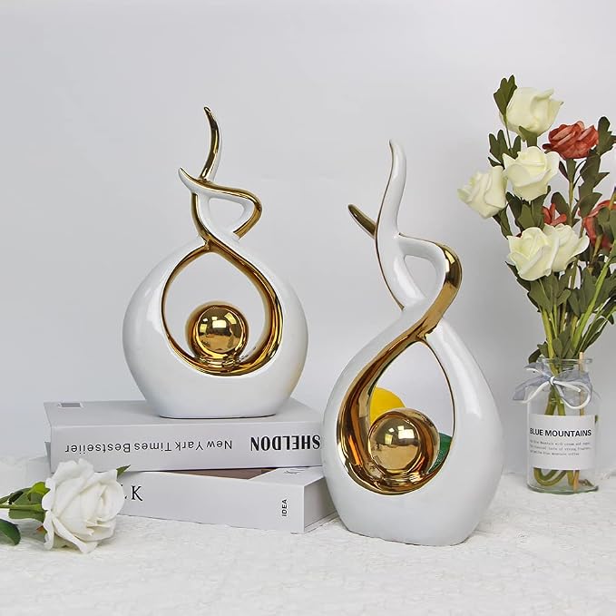 Norrclp Home Decor Modern Abstract Art Ceramic Statue Table Decorations for Dining Room Living Room Office Centerpiece (White and Gold, Small) - Image 4