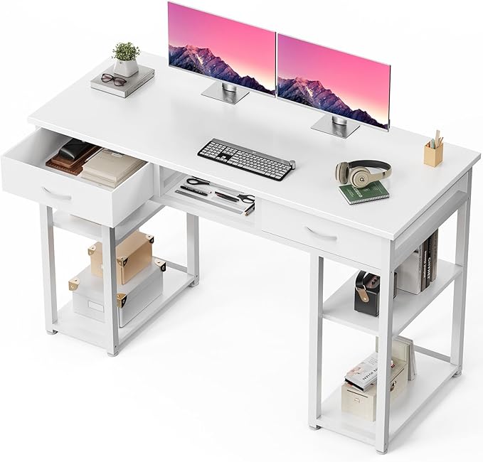DUMOS 48-Inch Computer Desk with Drawers, Hook and Side Bag, White | Home Office Desk for Bedroom, Gaming Writing Study Desk with Adjustable Feet by DumosLifestyle