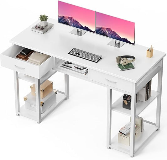 DUMOS 48-Inch Computer Desk with Drawers, Hook and Side Bag, White | Home Office Desk for Bedroom, Gaming Writing Study Desk with Adjustable Feet by DumosLifestyle