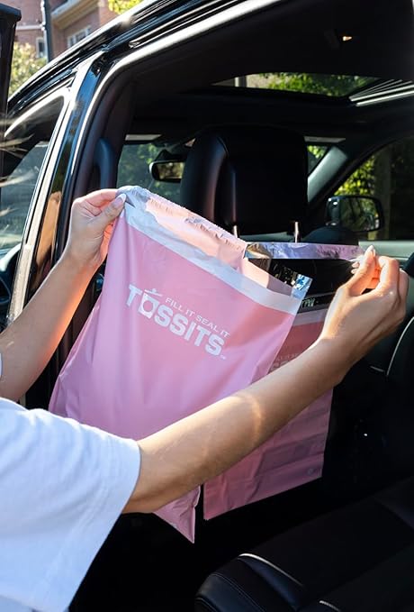 Tossits Hanging Car Trash & Garbage Bags, Disposable, Pink 21 Count | 2 gal, 12 x 15 in, fits over headrest or console, recycled plastic, leakproof, seals odors, everyday light waste - Image 5