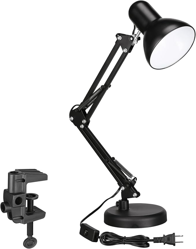 TORCHSTAR Metal Desk Lamp, Adjustable Swing Arm, E26, Black | Architect Gooseneck Multi-Joint Clip Table Lamp with Plastic Clamp, for Home Office, Work, Study, Reading, Bulbs not Included by TORCHSTAR