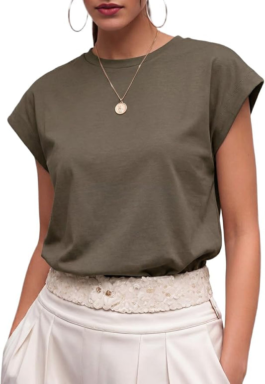GRECERELLE Womens Summer Tops Cap Sleeve Crew Neck Basic T-Shirt | Everyday Casual Wear, Layering Friendly, Wrinkle-Resistant, Business Casual Ready, Lightweight & Packable, Capsule Wardrobe by GRECERELLE