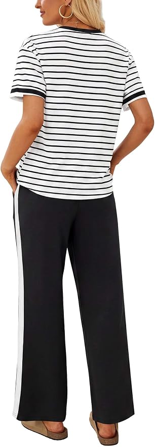 Sampeel 2 Piece Sets for Women Matching Sets Summer Outfits Resort Wear Short Sleeve Lounge Set Wide Leg Pants with Pockets - Image 5
