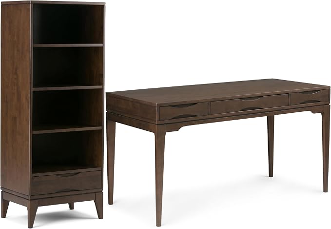 SIMPLIHOME Harper Desk and Bookcase Bundle - 60 inch Wide Solid Wood Mid Century Modern Desk with Drawers and 24 inch Wide 4-Shelf Bookcase in Walnut Brown, Home Office Furniture (Set of 2) by SimpliHome