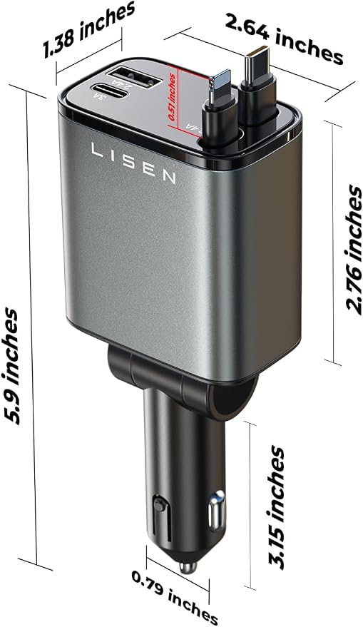 LISEN Retractable Car Charger, [2026 Upgrade 50 inch ] Long 4 in 1 Retractable Cable Car Charger, USB C Car Charger Fast Charging for iPhone 17 16 15 14 13 12 11 X Pro Max Plus Mini, Samsung S26 | Multiple Ports Car Charger, Retractable Car Charger Fas... - Image 8