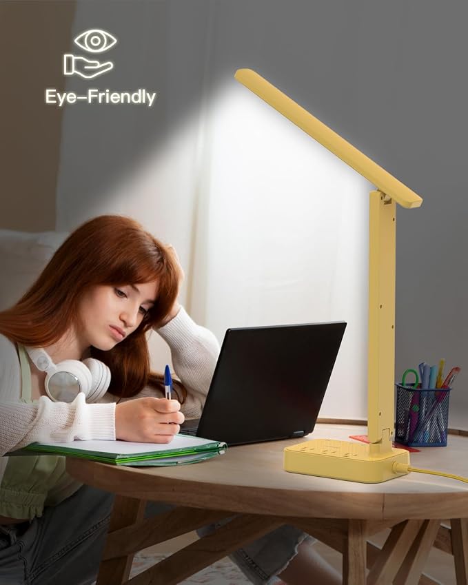 Addtam LED Desk Lamp, Power Strip with 3 Outlets 4 USB Charging Ports(2 USBC), 4 Modes 5 Level Brightness Touch Lamp, Small Desk Lamp for Home Office College Dorm Room Essentials, Yellow - Image 6
