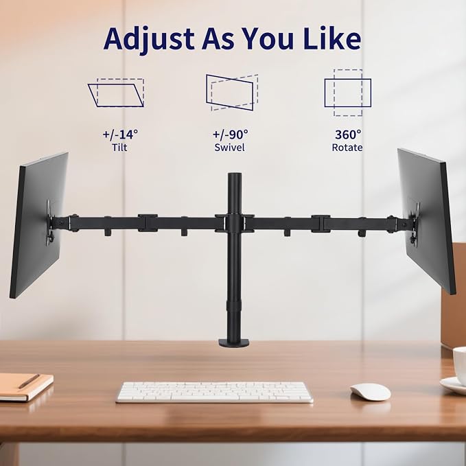 Black Dual Monitor Arm Mount for 13-32 Inch Screens | Ultrawide Screens Up to 38 Inch Fully Adjustable Stand with C-Clamp/Grommet Base Max VESA 100x100 Each Screen Capacity 22lbs - Image 2