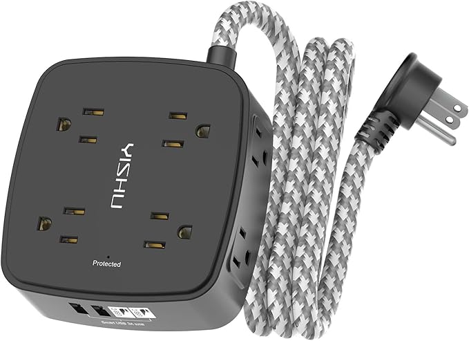 Surge Protector Power Strip - YISHU 8 Outlets with 4 USB (2 USB C) Charging Ports, 5Ft Braided Extension Cord, Flat Plug Multi Plug Outlet Extender Charging Station for Home Office, ETL, Black by YISHU