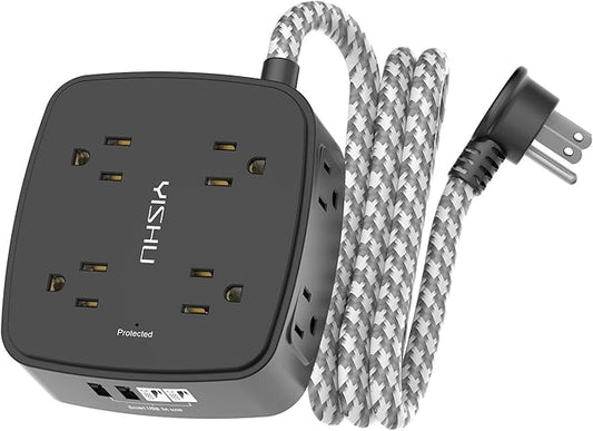 Surge Protector Power Strip - YISHU 8 Outlets with 4 USB (2 USB C) Charging Ports, 5Ft Braided Extension Cord, Flat Plug Multi Plug Outlet Extender Charging Station for Home Office, ETL, Black by YISHU