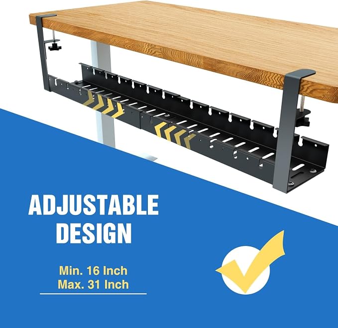 No Drilling Extendable Under Desk Cable Management, Metal Cable Management Tray Under Desk with Clamp, Retractable Power Strip Cord Holder for Wire Management 31Inch (2 Pack Extendable 31') - Image 2