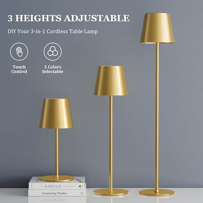Kakanuo 20" Cordless Table Lamp Rechargeable Gold - 2 Pack 5000mAH Battery Operated Lamp for Counter, 3 Color Stepless Dimming Wireless Lamp for Dining Kitchen, Outdoor Patio, Touch Control - Image 3