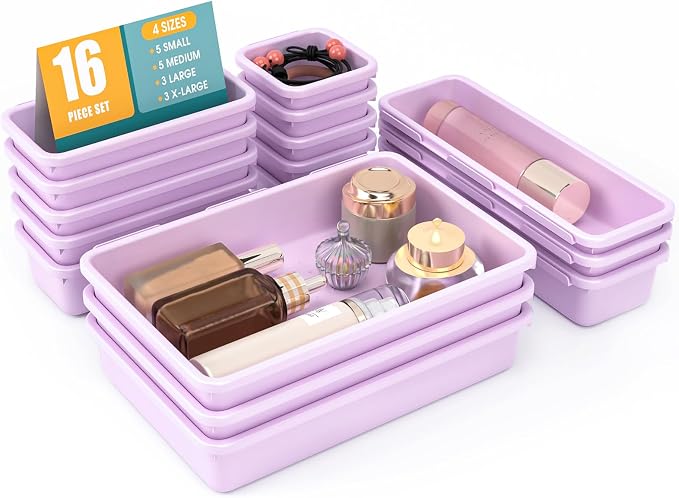 16 PCS Drawer Organizer Set, 4 Size Makeup Drawer Divider Organizer With Non-Slip Pads, Interlocking Plastic Storage Bins for Office,Jewelry Vanity,Gadgets, Bathroom,Kitchen, Purple by StoreHappily