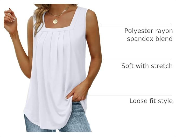 Saloogoe Summer Tank Tops for Women Loose Fit Pleated Square Neck Sleeveless Tops Curved Hem Flowy - Image 4