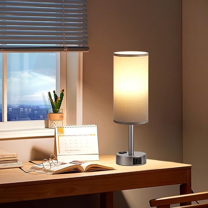 Fenmzee Grey Bedside Table Lamp for Bedroom - 3 Way Dimmable Touch Lamp USB C Charging Ports and AC Outlet, Small Lamp for Living Room, Desk, LED Bulb Included - Image 7