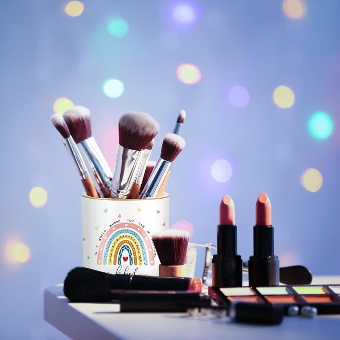 Pen Holder, Ceramic Durable Pencil Cup for Desk， Simple&Modern Style Makeup Organizer, Cute Multifunctional Office Supplies for Home, Kids and School, Rainbow Pattern - Image 6
