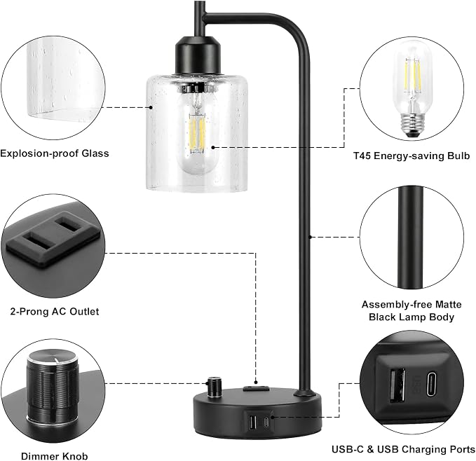 Industrial Bedside Lamps Set of 2, Fully Dimmable Desk Lamps for Bedroom | Glass Shade, USB C+A Charging Port & Outlet, Black Nightstand Table Lamps for Living Room, Office, Reading, Vintage - Image 7