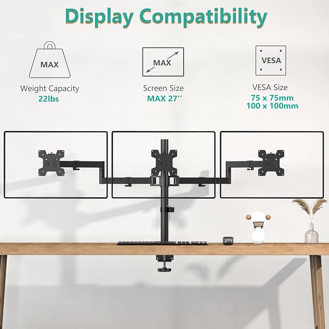 WALI Triple Monitor Mount, 3 Monitor Desk Mount for 13-27 inch Computer Screens, Holds up to 22 lbs, Triple Monitors Stand for Desk, with Tilt, Swivel, Rotation, VESA 75/100mm (M003S), Black - Image 3