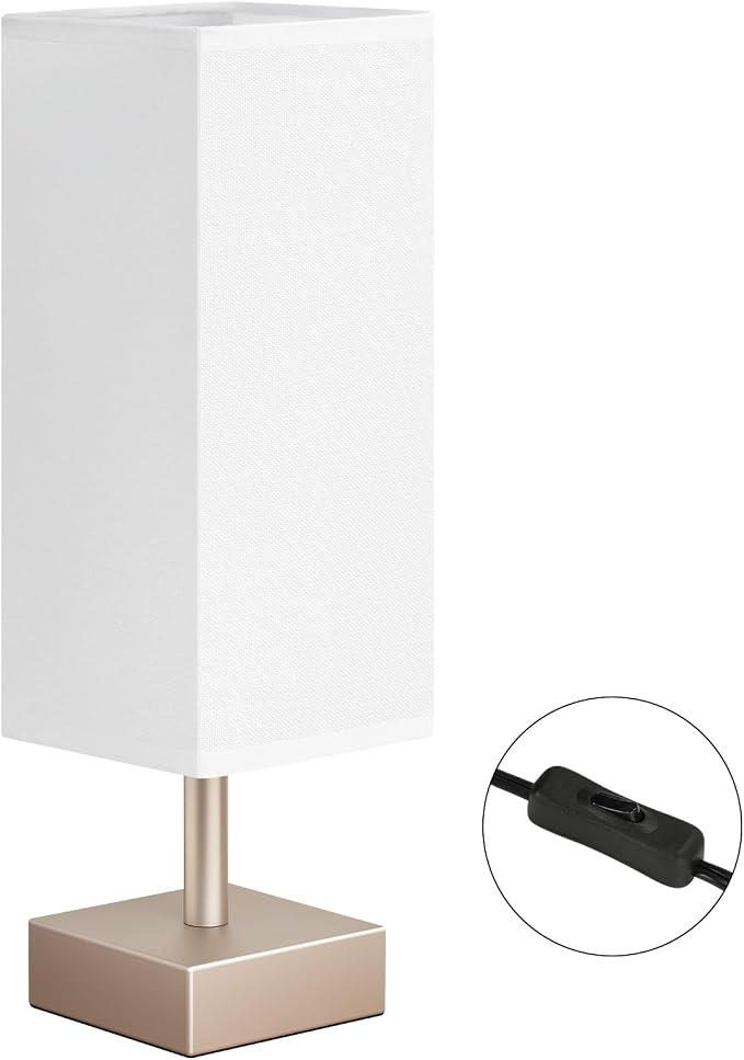 Antique White Small Bedside Lamp for Bedroom - Square White Fabric Shade | Inline Rocker Switch, Corded Electric, Bulb Not Included, 12.8" Mini Table Lamp for Nightstand, Desk, Dorm, Office - Image 2