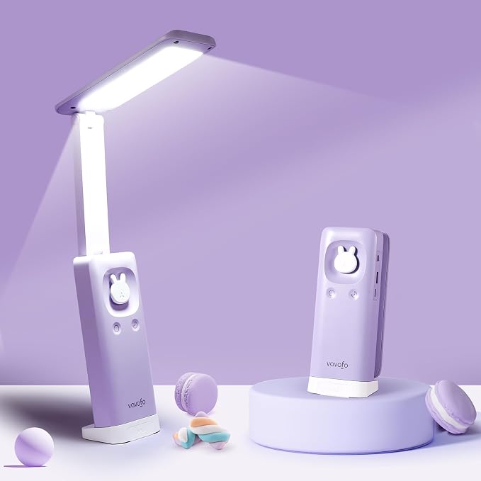 VAVOFO Cute Bunny Desk Lamp, Foldable LED Rechargeable Table Light, Eye-Caring Reading Lamp, 3 Color Modes & Dimmable, for Kids Girls Bedroom Study Dorm Room（Purple） by VAVOFO