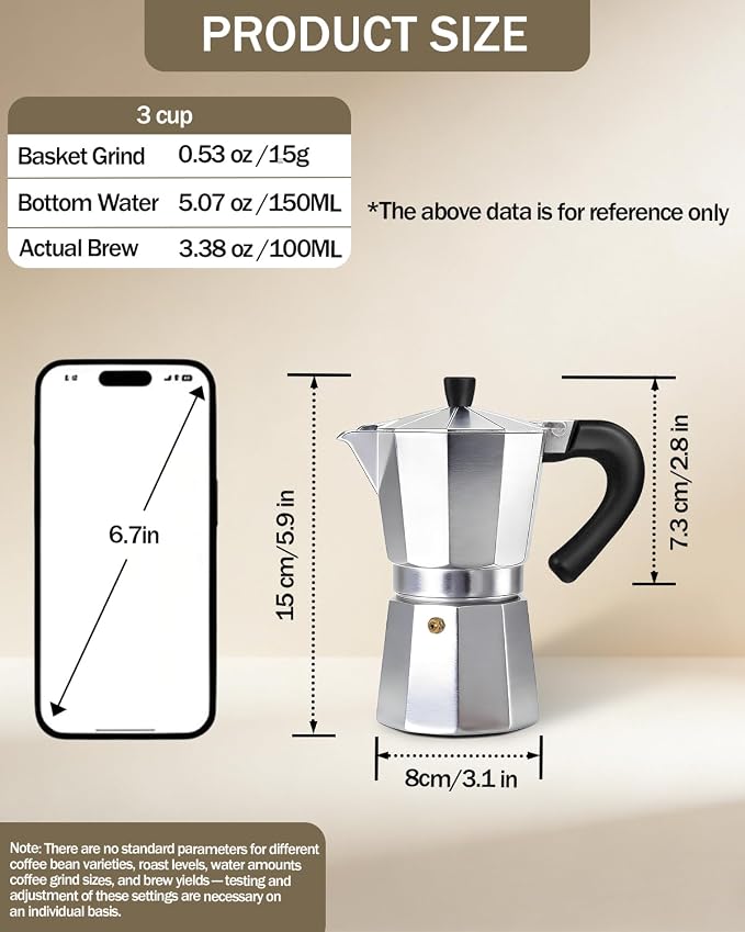 Coffee Maker Stovetop Espresso Maker 3 Cup Aluminum Moka Pot Percolator 5oz 150ml Easy Brewing for Electric Ceramic Stoves Home Camping Italian Cuban Café Classic Silver - Image 2
