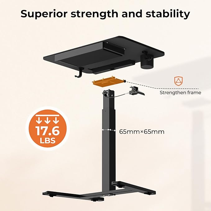 28" Mobile Standing Desk with Drawer, Portable Laptop Desk | Rolling Desk with Cup Holder & Hooks, Height Adjustable Computer Cart on Wheels for Classroom, Study Desk with Storage, Black - Image 5