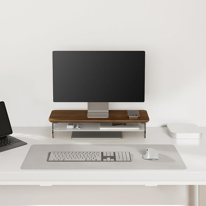 Fenge 23.6" Monitor Stand with Clear Acrylic Legs, Brown | Clear acrylic, storage compartment, 2-tier home office monitor riser, wide large desktop shelf fit monitor/laptop/printer - Image 8
