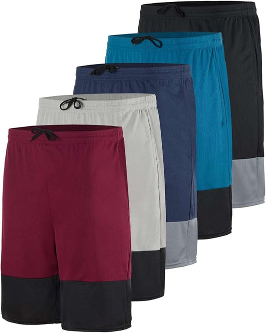 5 Pack Men's Mesh Shorts Athletic Basketball Sports Gym Workout Pockets | Cooling Moisture-Wicking, 9", Long, Quick-Dry, Breathable, Elastic Drawstring Waistband. Running, Exercise, Soccer, Training. by RealEssentials