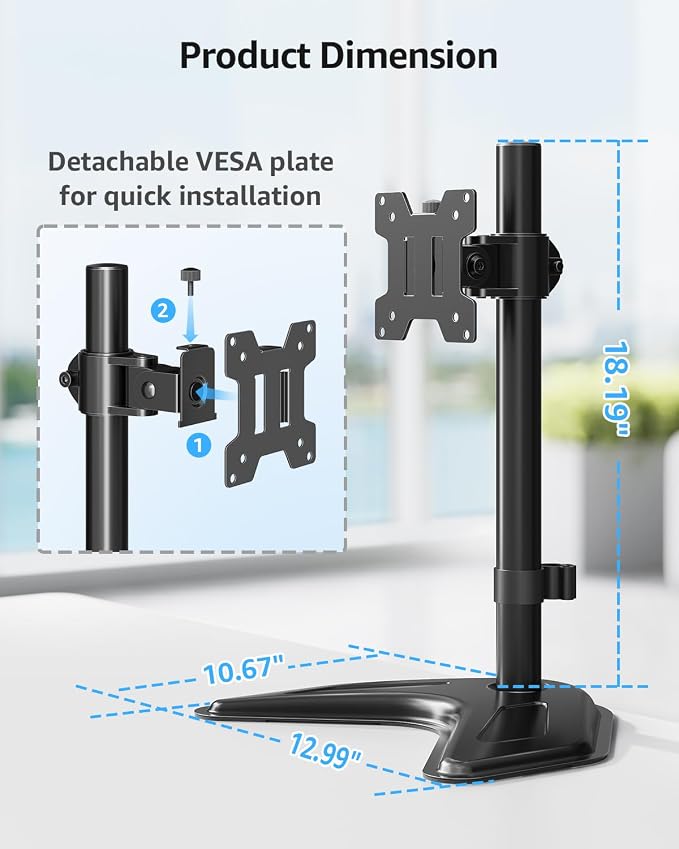 MOUNTUP Single Monitor Stands, Freestanding VESA Monitor Desk Mount fits 13'' to 32'' Computer Screen with Height Adjustable, Swivel, Tilt, Rotation, 17.6 lbs Load, For Home Office, VESA 75x75/100x100 - Image 6