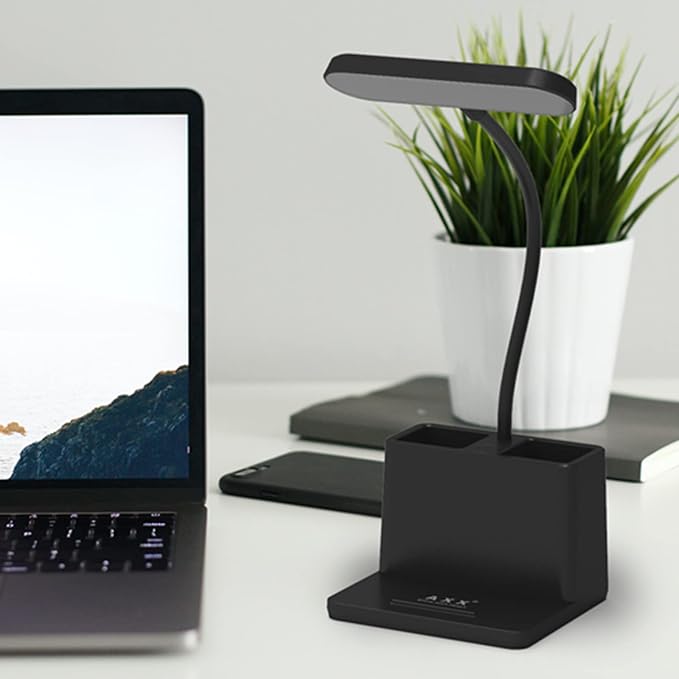 AXX Black LED Desk Lamp, Battery Operated Small Table Light for Dorm Room | Rechargeable, Battery-Powered, Cute, Dimmable, Gooseneck, Pen Holder, Touch Control, for Home Office Bedroom Desktop - Image 2