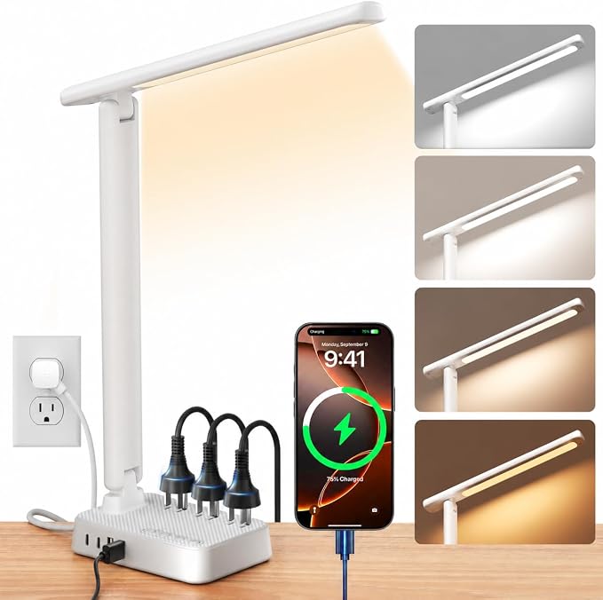 LED Desk Lamp with Power Strip, 3 AC Outlets & 4 USB Ports (2 USB-C), Stepless Dimming&2800K-6500K Eye-Caring Desk Light, Foldable Table Lamp with 5FT Cord for Home Office, Dorm Room Essentials White by Sompaty