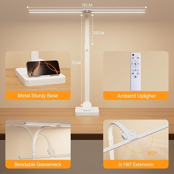 LED Desk Lamp with Base - Bright Dimmable Computer Lamp with Phone Holder, 24W Bendable Desk Light for Monitor Screen, Eye-Caring Tall Desktop Light for Task Home Office Work, White, Dual Head - Image 5