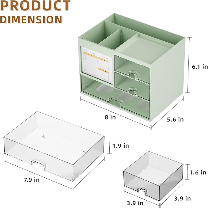 Marbrasse Desk Organizer with 3 Drawer, Multi-Functional Pencil Pen Holder for Desk, Desk Organizers and Accessories with 4 Compartments, Desktop Organizer Storage for Office Home Supplies (Green) - Image 4