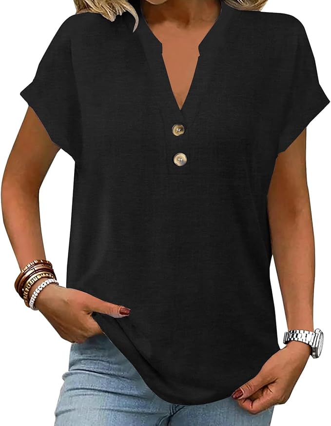Womens Henley Summer Tops V Neck Button Dressy Casual T Shirts Blouses | Breathable, V-Neck Button, Striped, Loose Fit, Business Casual, Office, Vacation, Spring Summer Tops, Basic Shirts by ETCYYNEW