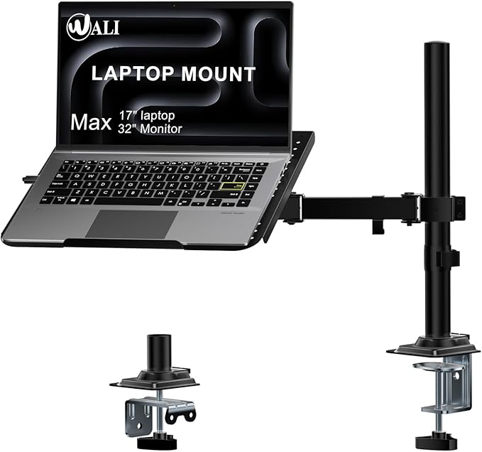 WALI Laptop Desk Mount for 17 inch Notebook, Adjustable Single Monitor Arm with Laptop Holder for 32 inch Screen, Laptops Stand with Ventilated Tray, Up to 22 lbs, (M00LP), Black by WALI