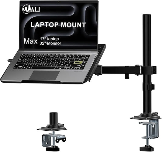 WALI Laptop Desk Mount for 17 inch Notebook, Adjustable Single Monitor Arm with Laptop Holder for 32 inch Screen, Laptops Stand with Ventilated Tray, Up to 22 lbs, (M00LP), Black by WALI