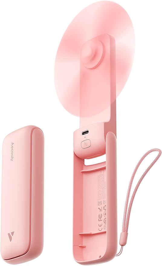 Aecooly Slim Handheld Fan, Mini Thin Portable Fan, Small Rechargeable Pocket [24H Max Cooling Time], Battery Powered Foldable Personal for Travel, Summer, Gifts for Women, Girls -Pink by Aecooly