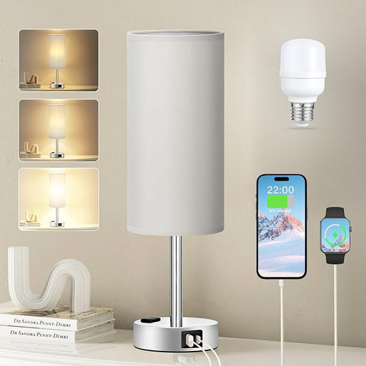 Fenmzee Light Grey Table Lamp for Nightstand - 3 Way Dimmable Touch Bedside Lamp USB C and A Charging Ports and AC Outlet, Small Desk Lamp with Silver Base for Office Nursery, LED Bulb Included by Fenmzeelighting