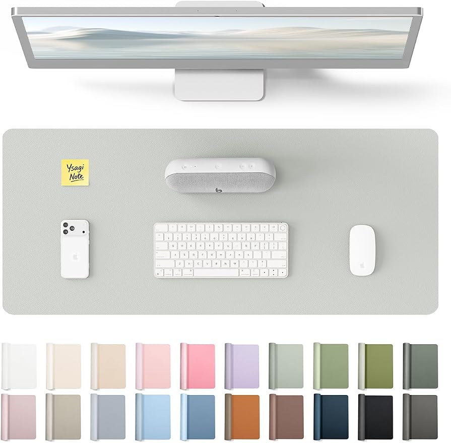 YSAGi Leather Desk Pad Protector, Office Desk Mat, Large Mouse Pad, Non-Slip PU Leather Desk Blotter, Laptop Desk Pad, Waterproof Desk Writing Pad for Office and Home (Light Grey, 23.6" x 13.8") by YSAGi