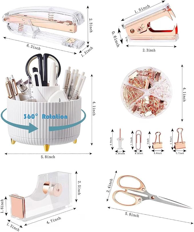 Gawsey Rose Gold Desk Organizers and Accessories with Desk Organizer 360° Rotating Pen Holder and Office Supplies, Cute Stationery Supplies Set - Image 2