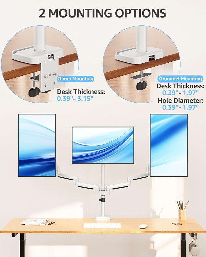 MOUNTUP Triple Monitor Stand Mount - 3 Monitors Desk Mount for Computer Screens Up to 27 inch, Triple Monitor Arm, Heavy Duty Monitors Stand, Each Arm Holds 4.4-19.8 lbs, White - Image 8